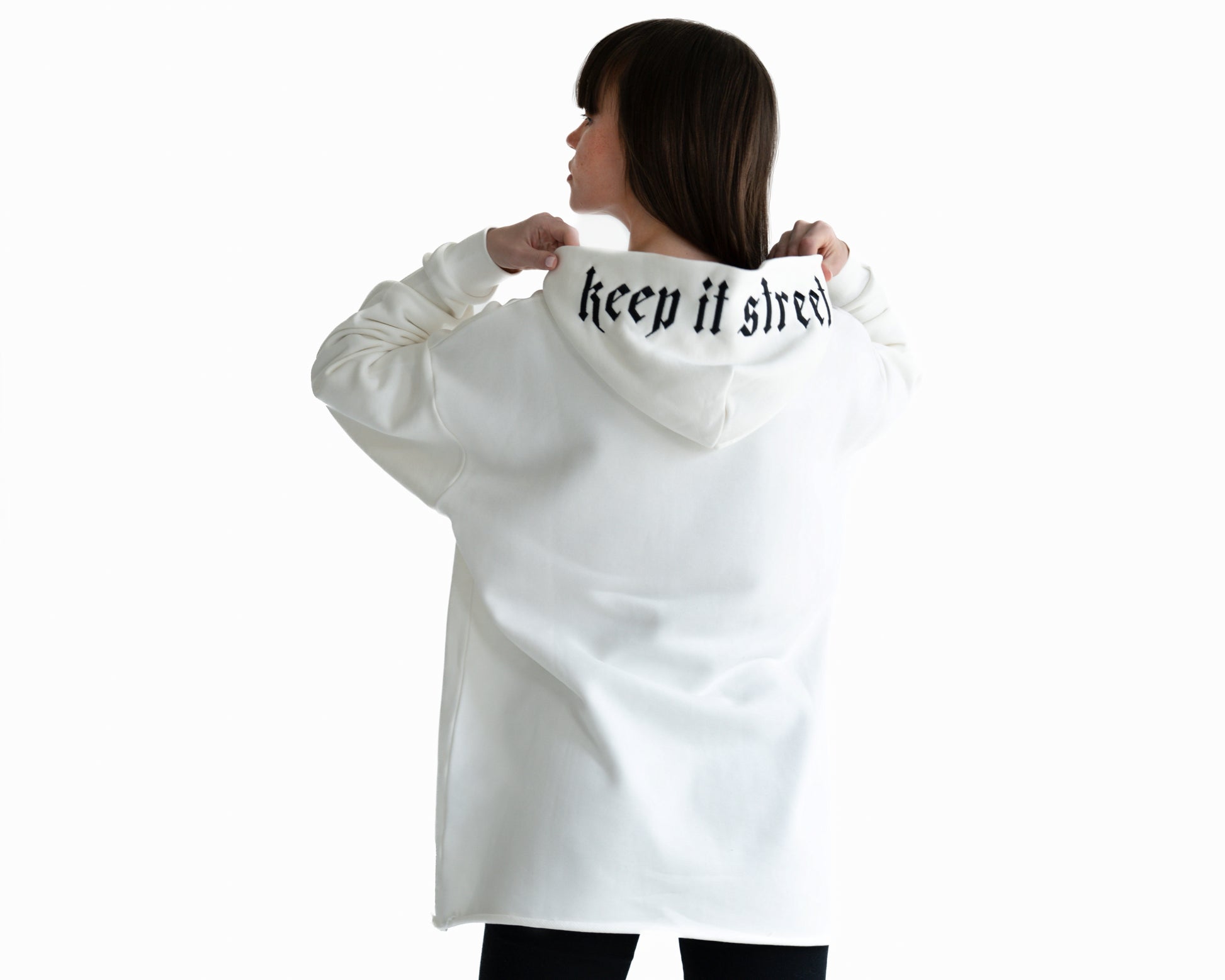 Hoodie "Keep it Street" with embroidery on the hood in white streetwear